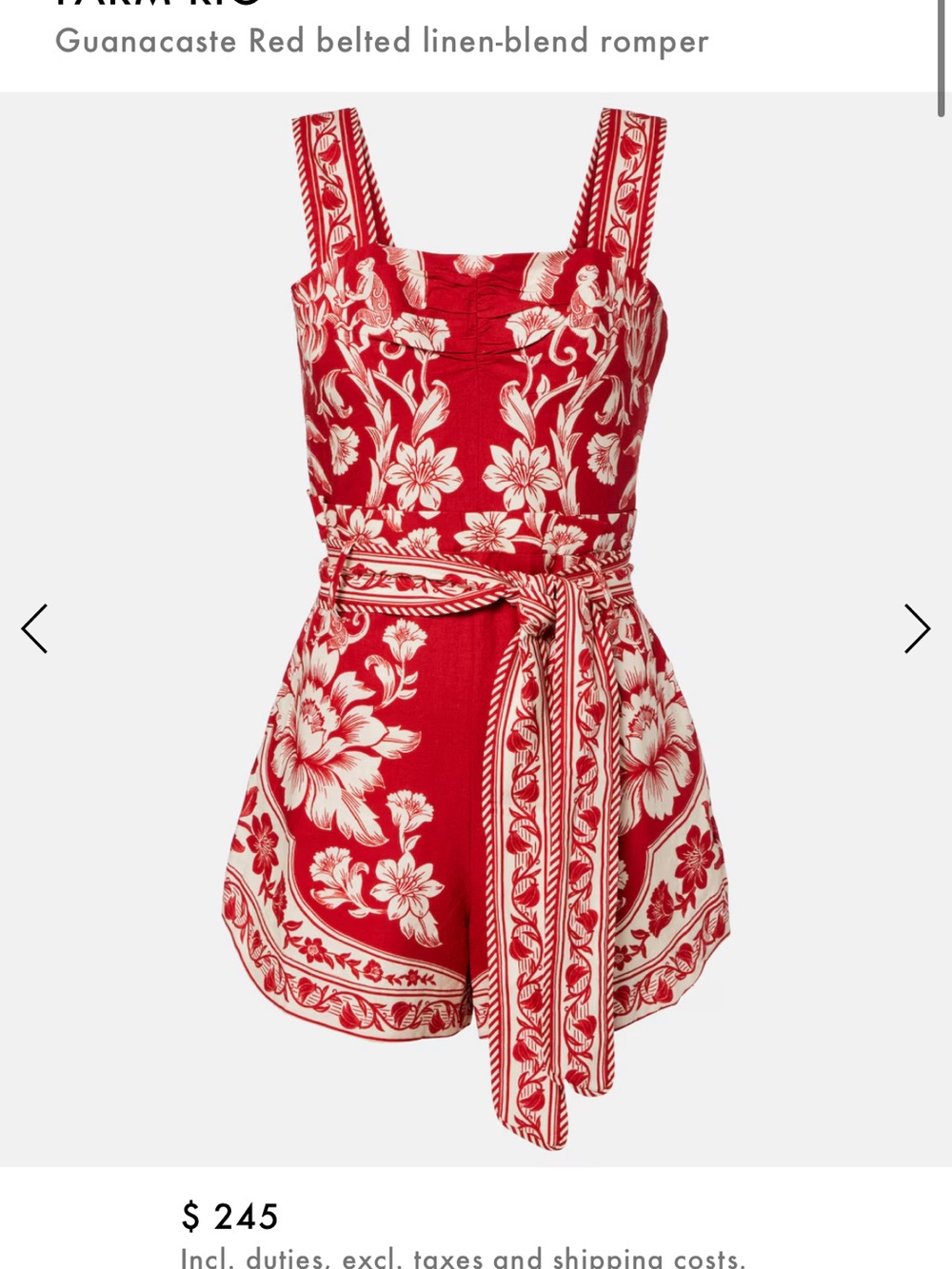 FARM Rio Red and Cream Floral Belted Linen-Blend Romper